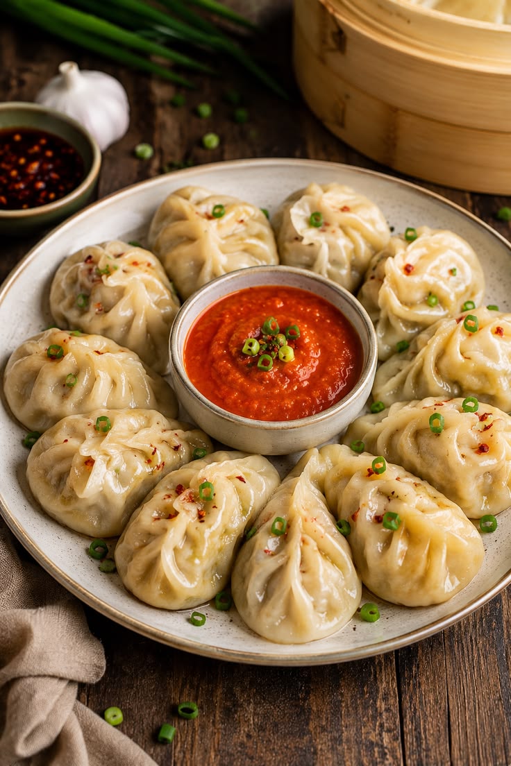 Steamed momos with dipping sauce at Himchuli in Denver